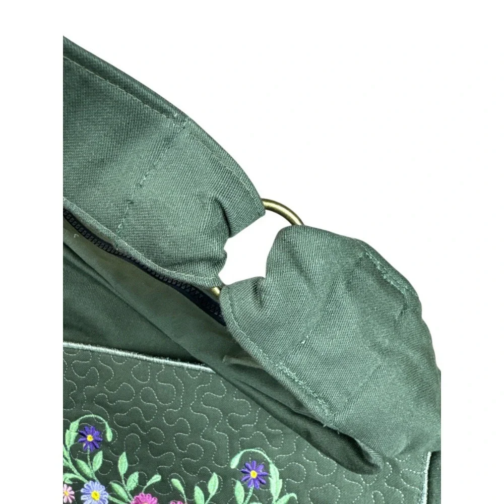 Handmade Artisan Canvas Hobo Bag Olive Green Quilted Floral Fiber Art‎ Slouchy